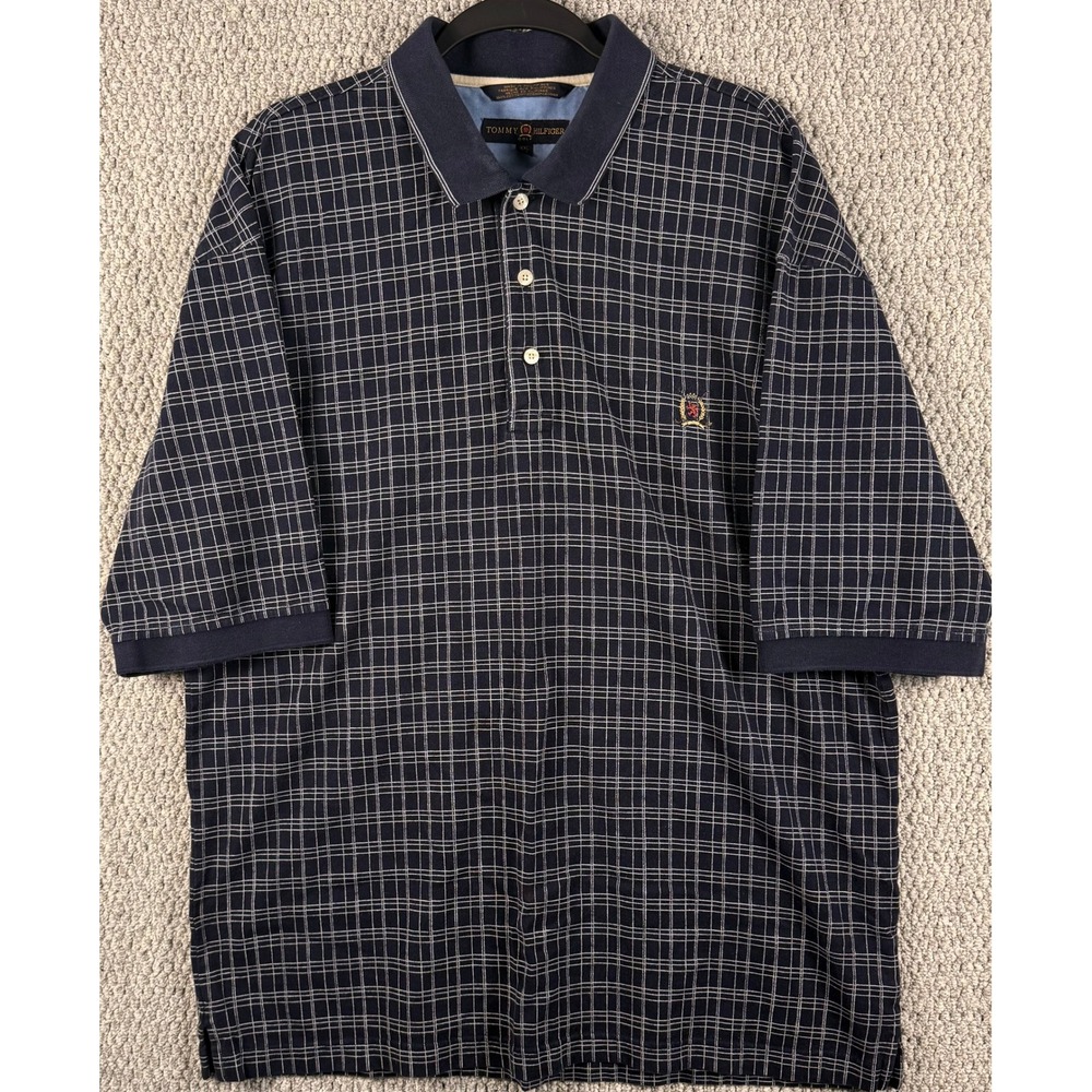 Tommy Hilfiger Golf Polo Shirt XXL Navy Blue Grid Check Vintage 2002 Cotton